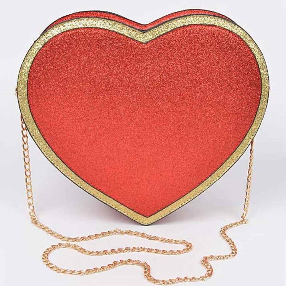 Heart Shaped Glitter Sparkle Hard-shell Crossbody Bag / Purse- Red/Gold - NWT